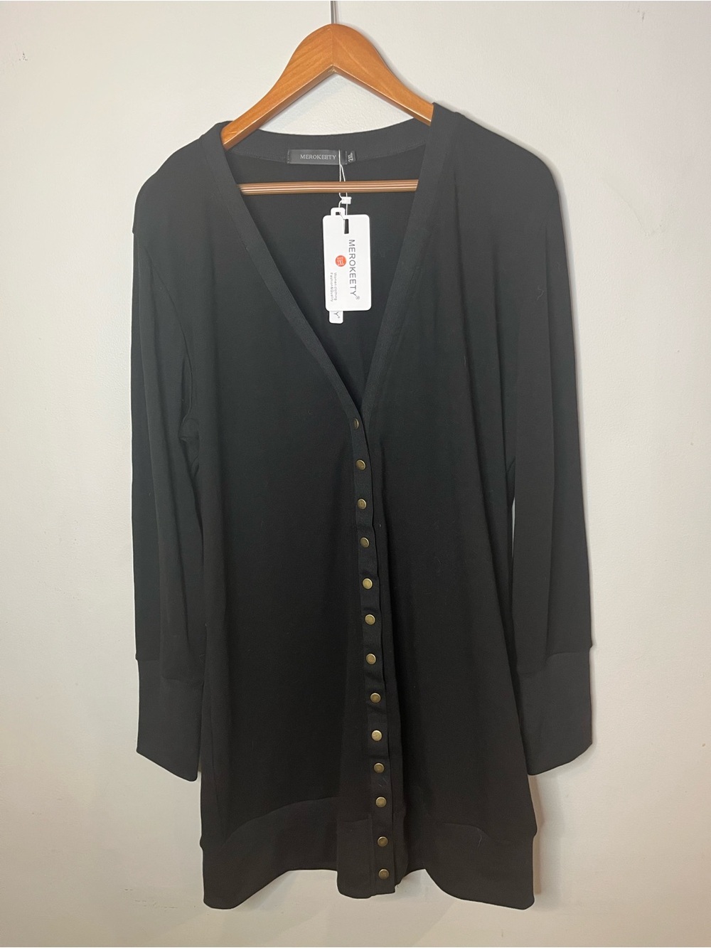 NWT Merokeety V Neck Snap Front Long Cardigan Sweater Black Size 2XL